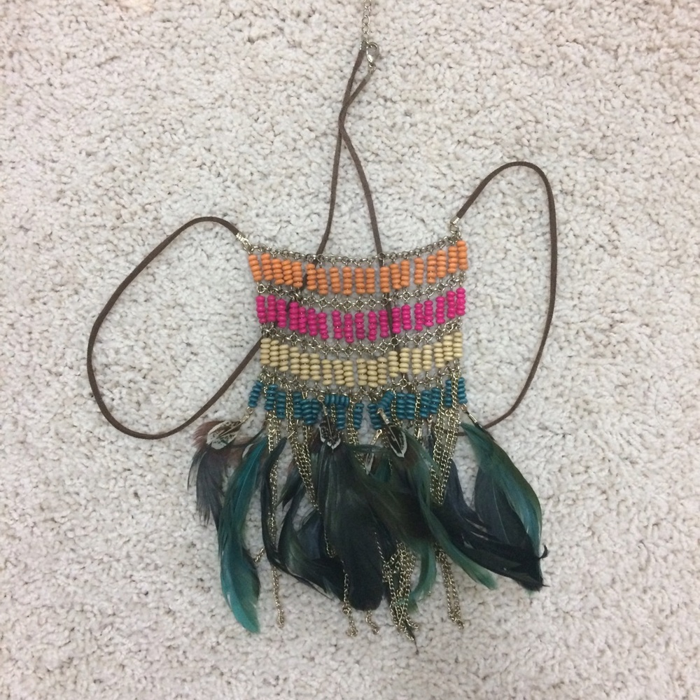 Boho Orange Pink Beaded Feathers Brown Suede Leather Long Statement Necklace